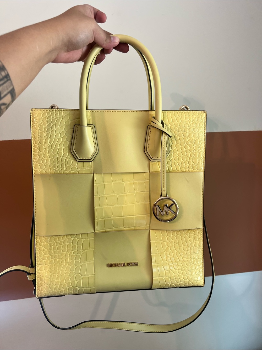 Michael Kors Lemon Yellow Patchwork Croc-Embossed Satchel